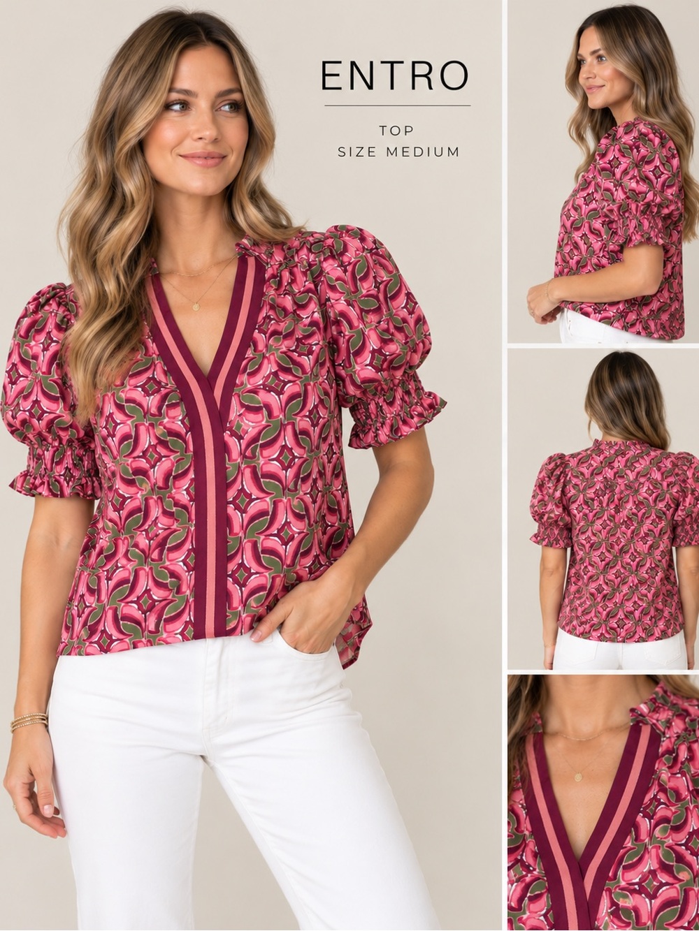 entro Pink Patterned Puff-Sleeve V-Neck Blouse